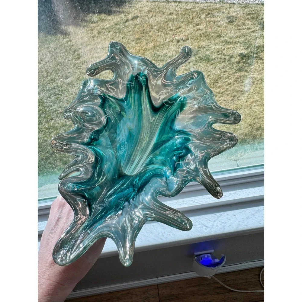 Hand Blown Art Glass Splash Vase Turquoise Teal‎ Smoky Grey Spiral statue Murano